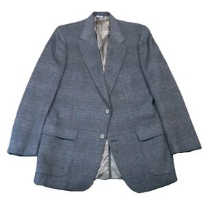 Vintage Allen Solly Plaid Blazer 44L Gray Blue Lambswool Camel Old Money Preppy